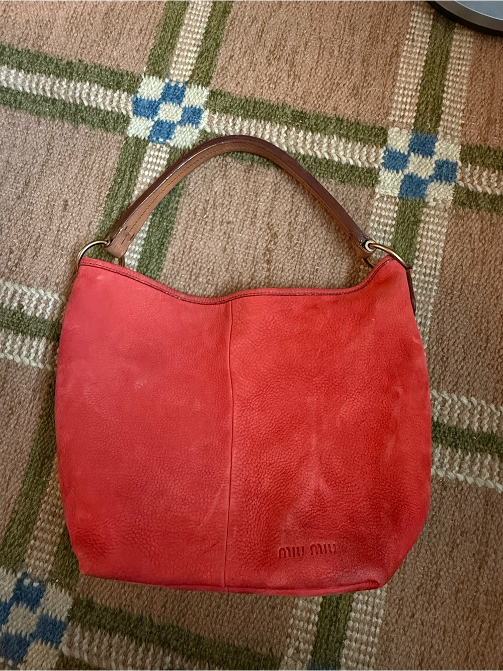 Miu Miu Coral-Red Suede Shoulder Bag with Brown Leather Handle